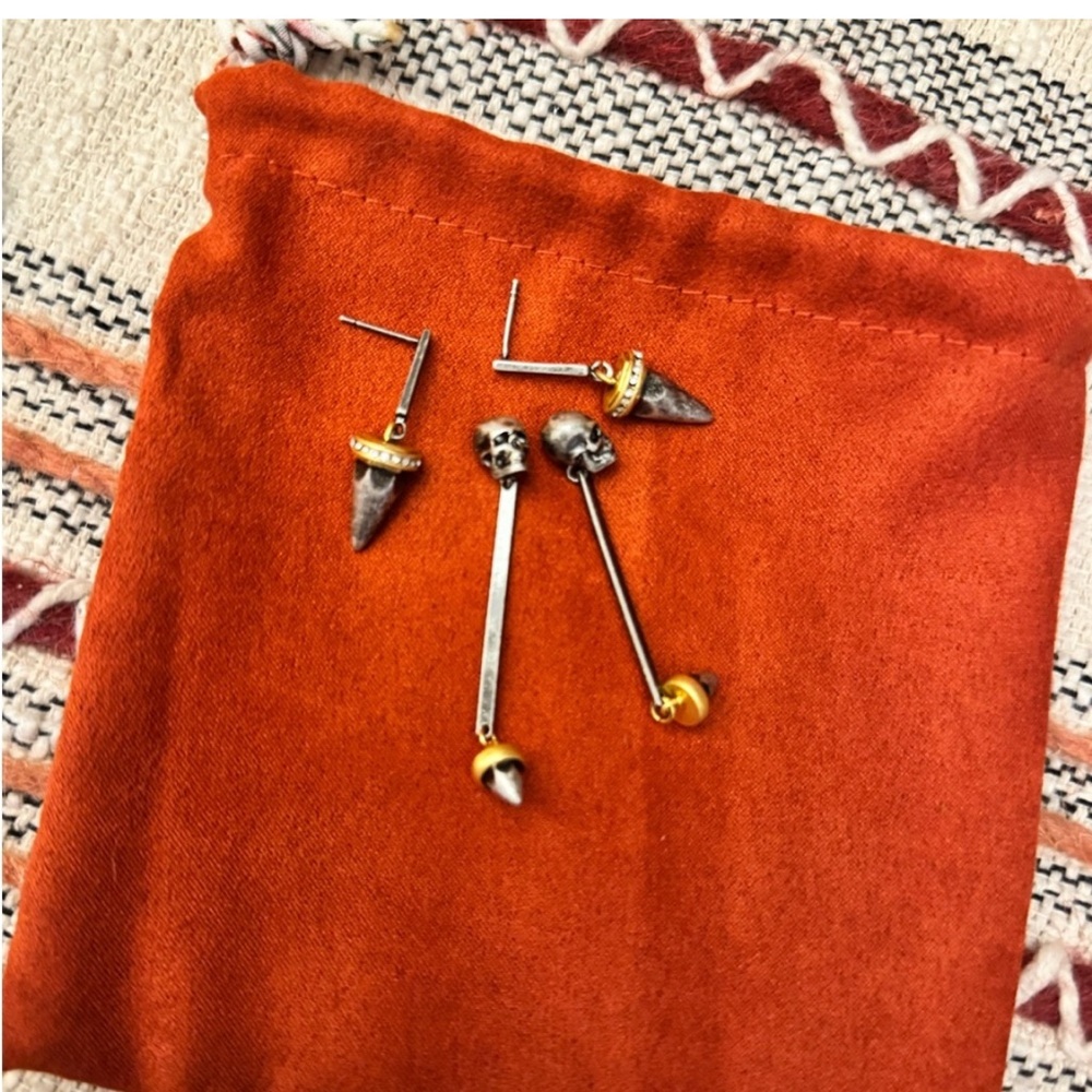 Alexander McQueen Silver Skull Drop Earrings with Gold Accents - Picture 3 of 4